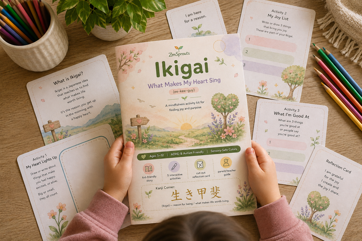 Ikigai What Makes My Heart Sing printable activity kit cover and preview pages